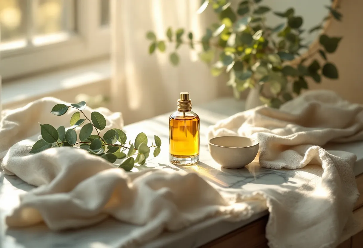 The amber perfume bottle on a vanity with linen and eucalyptus in warm morning light